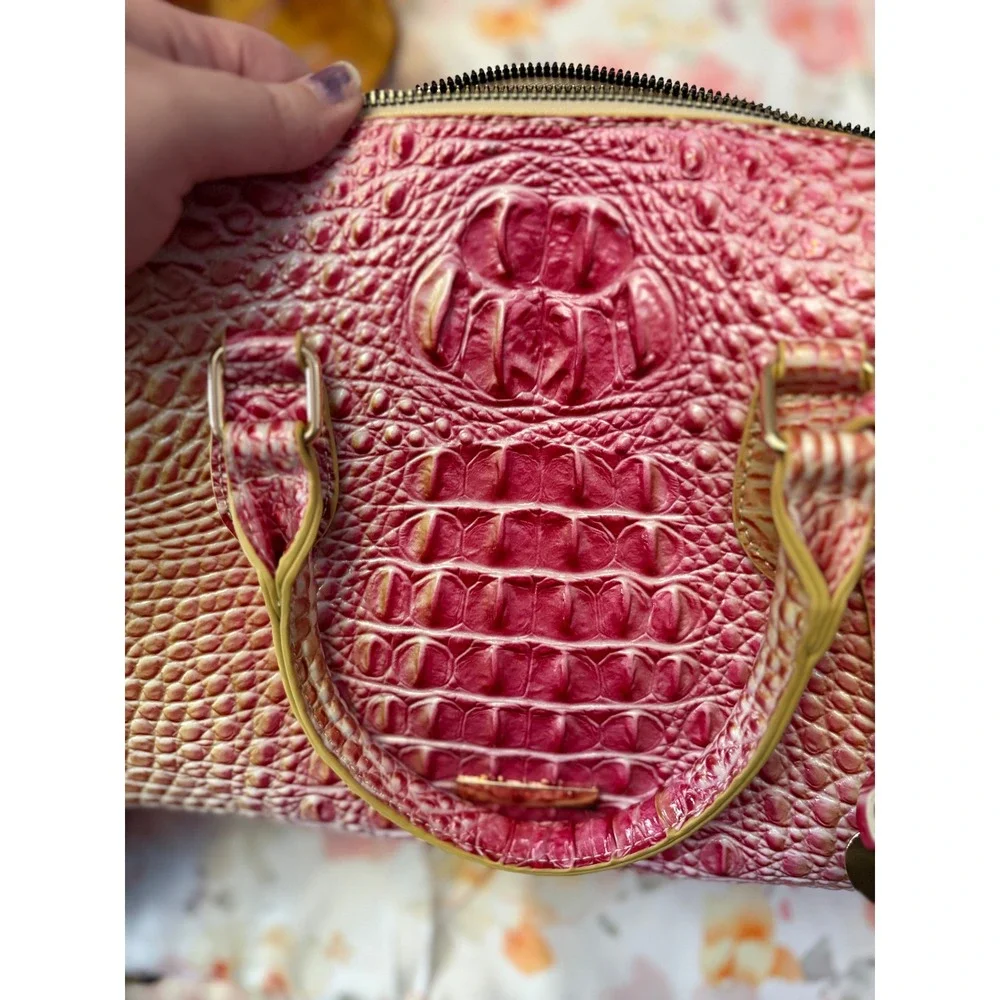 Satchel Handbag Pink Yellow Crocodile Croc‎ Embossed Leather Crossbody Bag NWOT